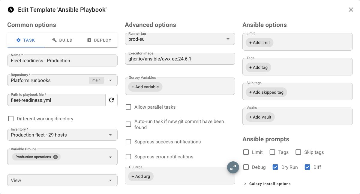 Executor image setting in the Semaphore UI template editor.