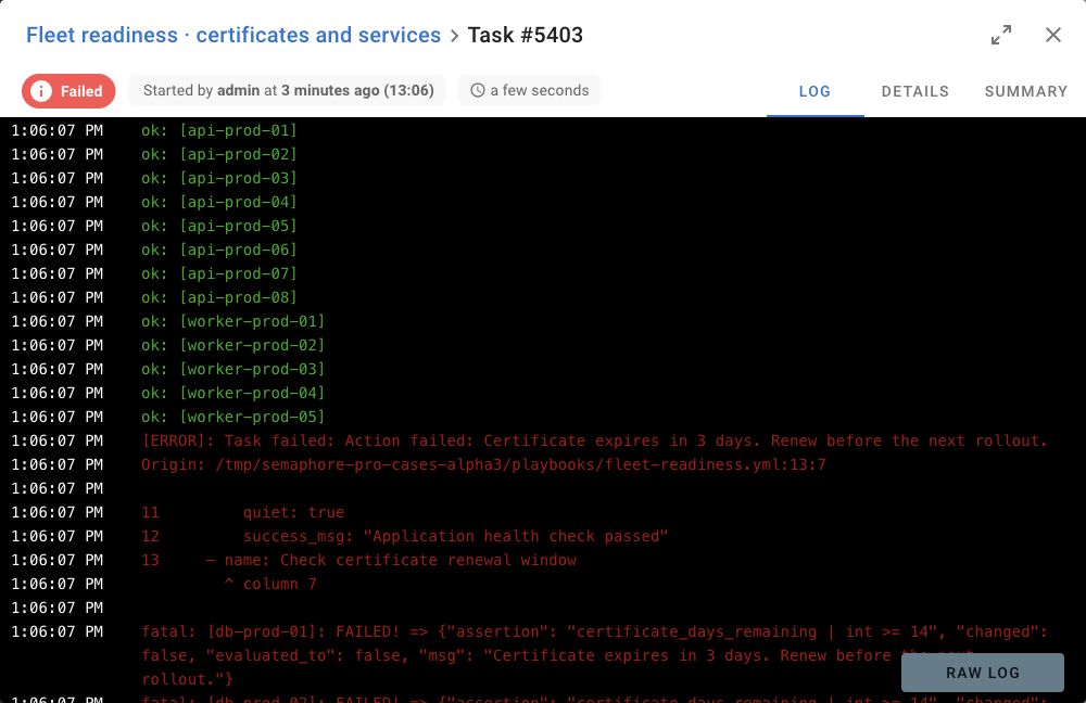 The same fleet readiness run’s log shows certificate checks and the renewal failure.