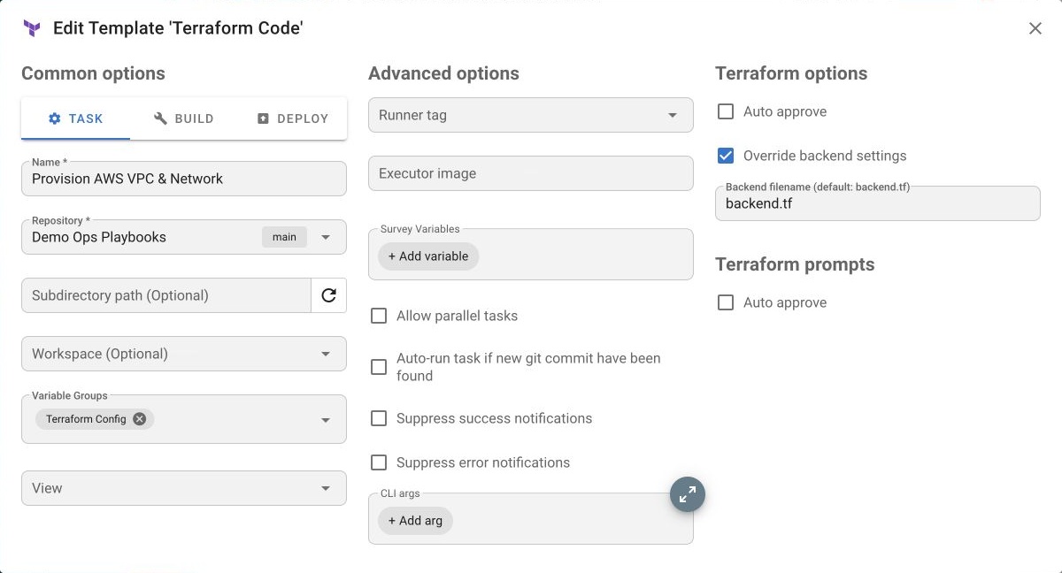 Terraform template options with Override backend settings enabled in Semaphore UI.